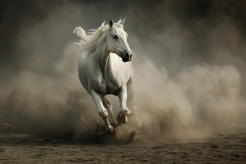 Naklejka na meble Beautiful white horse running in the dust on a dark background, with a wide angle view