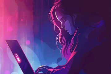 Wall Mural - futuristic cyber security concept woman using laptop with privacy lock icon digital illustration