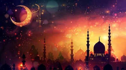 Wall Mural - silhouette of mosque with ornament lamp on background abstract colorful
