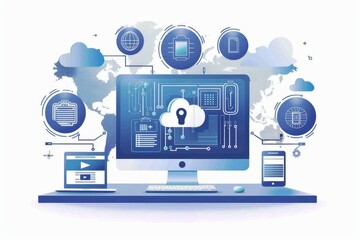 Wall Mural - Isometric illustration of cloud computing with secure lock icon, symbolizing digital protection and data security.