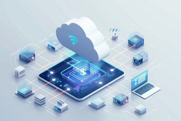 Wall Mural - Secure cloud network with various devices, representing data protection and advanced cybersecurity measures.