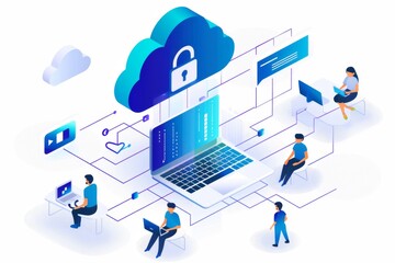 Wall Mural - Isometric illustration of cloud computing with secure lock icon, representing digital protection and advanced data security.