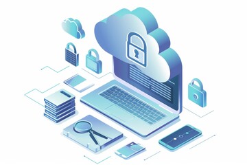 Wall Mural - Isometric illustration of secure cloud computing, symbolizing advanced data protection and digital connectivity.