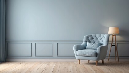 Wall Mural - Interior home of living room with blue armchair on white wall copy space, hardwood floor