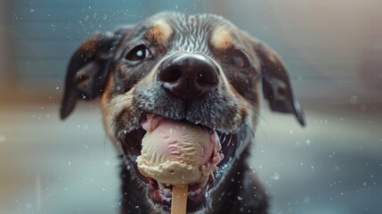 Wall Mural - dog eating ice cream realistic