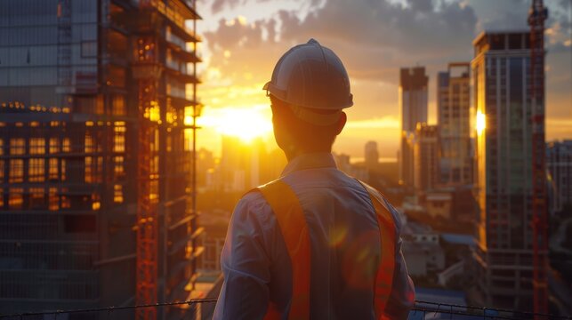 Construction engineer with safety standard looking at building at construction site with sunset. generative ai
