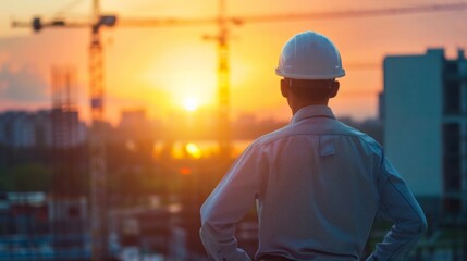 Construction engineer with safety standard looking at building at construction site with sunset. generative ai