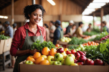 Smiling woman selling fresh produce at local market