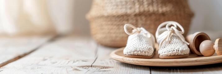 Baby shoes and teethers. Organic newborn accessories. copy space