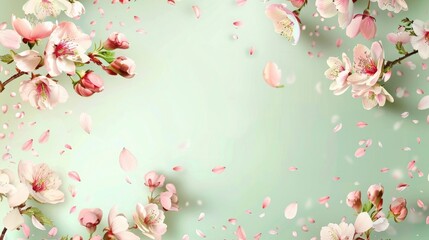 Wall Mural - Festive banner with spring flowers, flowering cherry branches on a light green pastel background realistic