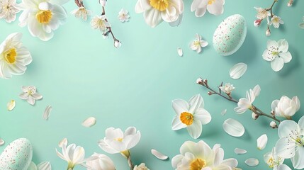 Wall Mural - Festive banner with spring flowers and Easter eggs, white daffodils and cherry blossom branches on a green pastel background realistic