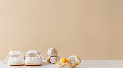 Baby shoes and teethers. Organic newborn accessories. copy space