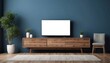 © free - Interior home of living room with wooden cabinet for LED TV on dark blue wall copy space