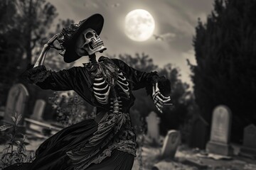 Sticker - A skeleton ghost in vintage style clothes, dancing gracefully in moonlight in a graveyard, Scary and haunting Halloween background or poster design, black and white surreal scene idea