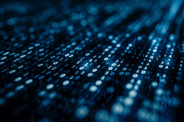 Poster - Abstract binary code flowing across a network, symbolizing data, the digital age, and information technology in a macro perspective