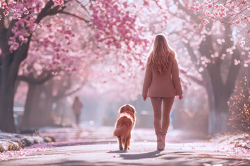 Wall Mural - Canadian Woman Walking with Her Dog in Cherry Blossom Conservation Park