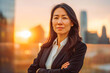 © VisualProduction - Confident Asian Lawyer in Her 40s Advocating for Justice at Sunrise, Defending Rights with Integrity and Conviction