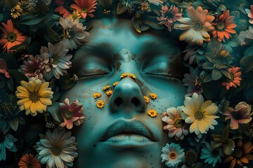 Poster - A surreal depiction of a face with flowers blooming where the eyes should be