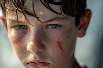 Poster - A teenage boy with a bruised and swollen eye bravely facing his bullies with a determined expression on his face