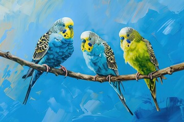 Sticker - A trio of cheerful budgies on a sky blue branch, their vibrant feathers and lively expressions adding a burst of color