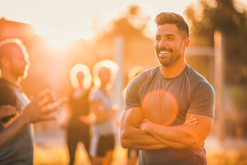 Wall Mural - Energetic Hispanic Fitness Trainer in His 30s Motivating Clients in Sunrise Light, Empowering Healthy Lifestyles