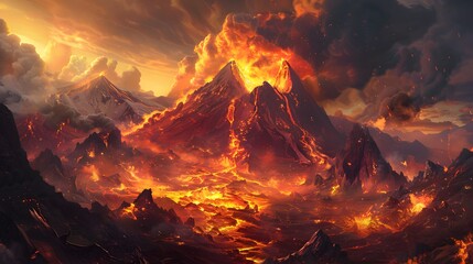 Wall Mural - an erupting mountain spewing fiery ash into the sky