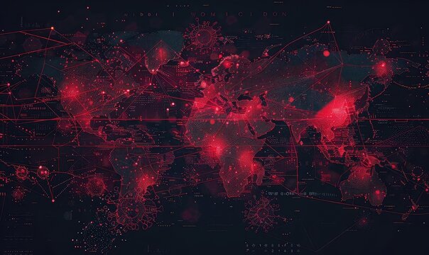 A global map highlighting pandemic spread with red zones, Futuristic, Digital Art, High Detail, Emphasizing worldwide impact