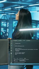 Poster - vertical video system admin working in computer network security data center, ensuring optimal perfo