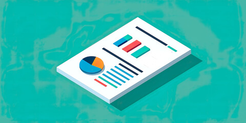 Poster - Illustration of sheet with data graph, data analysis concept, turquoise background