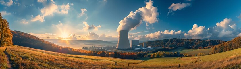 Panoramic view of a nuclear power plant surrounded by nature with a beautiful sunrise and a clear sky in the background.