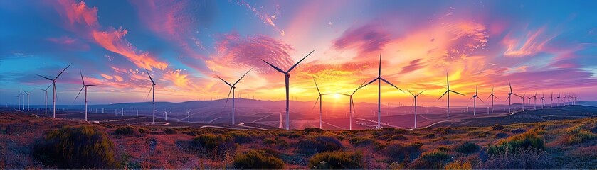 Scenic view of a panoramic wind farm at sunset, showcasing renewable energy turbines with a vibrant, colorful sky in the background.