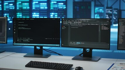 Poster - lines of code running on computer screens in data center, used for troubleshooting rackmounts in ser