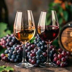 Glasses of wine with bunches of red and green grapes in the background, creating an inviting and elegant setting. Perfect for themes related to wine, vineyards, and gourmet experiences