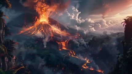 Wall Mural - an erupting mountain spewing fiery ash into the sky