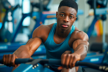 Active young man doing an exercise on a rowing machine in a gym.