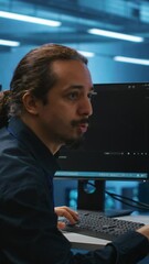 Poster - vertical video engineers coding together in high tech server hub, using computers to analyze data, e