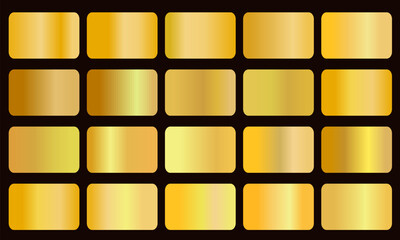 Yellow gold gradients metallic gradients set, Gold and bronze gradients vector mega set. Metallic gold foil texture gradient swatch templates. Shiny metallic gradients collection for backgrounds, cove