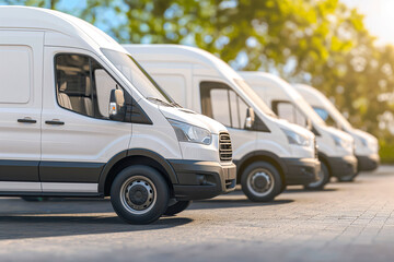 Generic row of white new vans in a parking bay ready for purchase