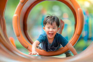 Joyful little Asian boy having fun playing on the tube slide in an outdoor playground.