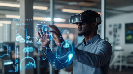 Poster - businessman working with virtual AI assistant through hologram display technology, futuristic technology use for business management in modern office 