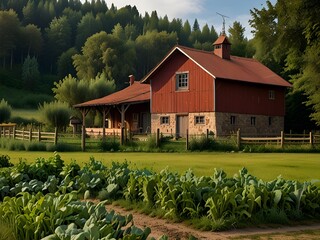 Wall Mural - Rustic country house with a barn and vegetable garden, generative AI