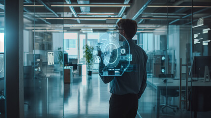 Poster - businessman working with virtual AI assistant through hologram display technology, futuristic technology use for business management in modern office 