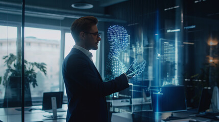 Poster - businessman working with virtual ai assistant through hologram display technology, futuristic techno