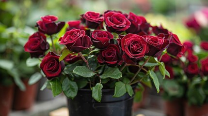 Sticker - Vibrant floral arrangement live dark red rose seedlings in a plastic pot