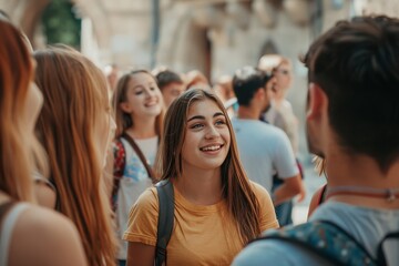 group of happy young people walking in the city. group of friends having fun together.