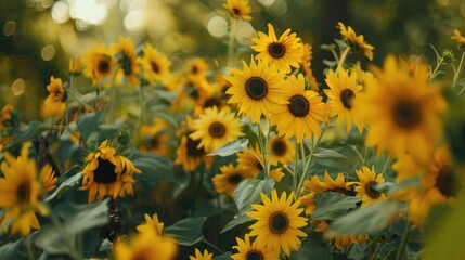 Poster - Summer Sunflower Garden Full of Golden Bright and Vibrant Yellow Blooms