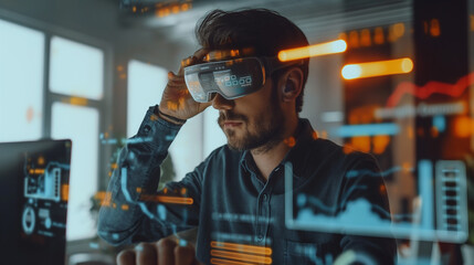 Poster - businessman or data analysis working with business data statistics using virtual reality technology, business growth performance digital data analysis 