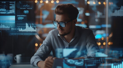 Poster - businessman or data analysis working with business data statistics using virtual reality technology, business growth performance digital data analysis 