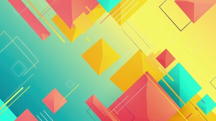 Wall Mural - A dynamic geometric abstract background showcasing bold triangles and squares in bright yellow, coral, and cyan, creating a lively and creative aesthetic.