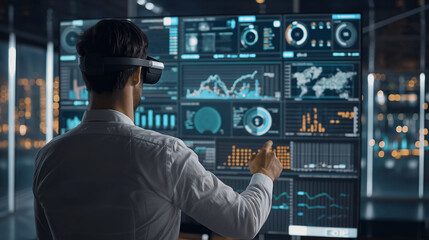 Poster - businessman or data analysis working with business data statistics using virtual reality technology,
